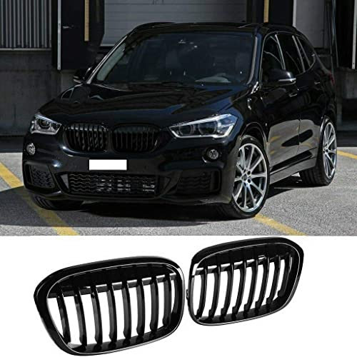 Auto Kühlergrill für BMW X1 F48 F49 2016-2019, Kühler Front Doppel Rippen Grill Kühlergrill, Fronthaube Nieren Grill, Frontstoßstange Kühlergrill Autoschutzzubehör