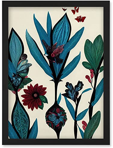 Wee Blue Coo Abstract Paper Quilling Floral Blooms Flowers Butterflies Blue Burgundy Green Cream Artwork Framed Wall Art Print A4