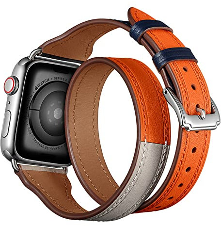 Compatibile con cinturino Apple Watch da 49 mm, 45 mm, 44 mm, 42 mm, 41 mm, 40 mm, 38 mm, doppio giro, in vera pelle, unisex, sottile, cinturino di ricambio per iWatch serie Ultra 8, 7, 6, 5, 4, 3, 2,