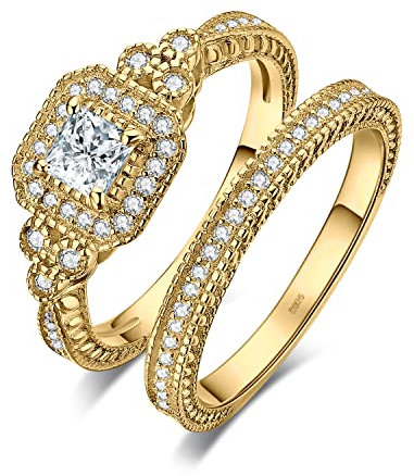 JewelryPalace Prinzessschliff Zirkonia Halo Promise Verlobung Ring Silber 925 Damen,Halb Eternity Jubiläum Hochzeitsring Vorsteckring Trauring Ehering Braut Set Ringe mit Stein Für Frauen Vergoldet 46