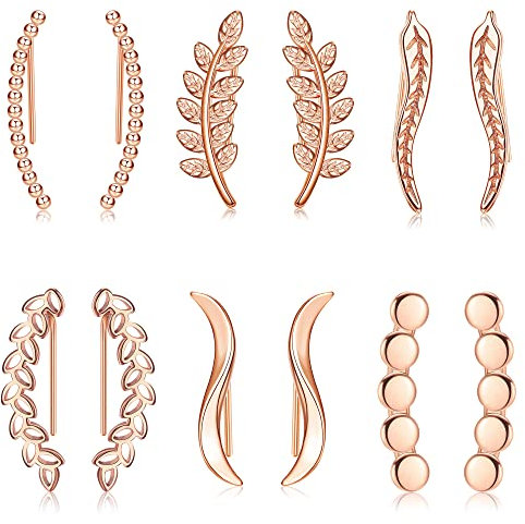 JeryWe 6pairs Boucles d'oreilles Femmes et filles Boucles d'oreilles Grimpantes Crochet Oreille Clips Cartilage Oreille Wrap en forme de Feuille Plume Onde Linéaire Hypoallergénique Or rose