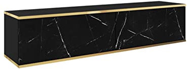 Hängendes TV Schrank - Modernes Design mit Push-to-Open-Funktion. Farbe: Schwarz/Marmor Black Royal , D: L: 135 cm, H: 30 cm, T: 32 cm. TV Lowboard, TV Board, TV Sideboard Hängend, Wandschrank hängend