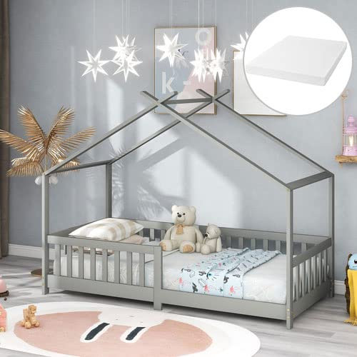 KEEPREAPER Kinderbett Hausbett 90x200cm mit Matraze, Holzbett mit Rausfallschutz, Zaun und Lattenrost für Kinder und Jugend (Grau)