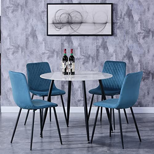 GOLDFAN Runder Esstisch Set 4 Esszimmerstühle Glastisch Marmor und 4 Stühle Schwarze Metallbeine Kleines Wohnzimmer Büro Tisch Set, Blau