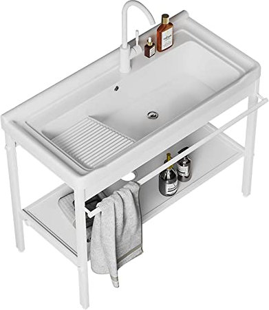 Lavabo Lavanderia Autoportante,Lavello da Cucina Utilità,Lavandino da Giardino Esterno,Lavatoio Ceramica,con Rubinetto,Componenti di Drenaggio,Supporto in Acciaio Inox,per Garage,Cortile,interno/Ester