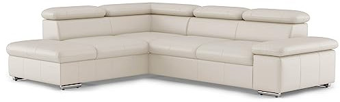 CAVADORE Echtleder-Eckcouch Valerie mit Ottomane / Ecksofa mit Kopfteilverstellung + Metallfüßen / 272 x 73 x 226 / Leder Weiß