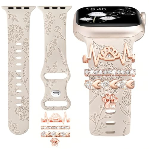TOYOUTHS Floral Gravierte Armband mit Dekorative Charme kompatibel mit Apple Watch Armband 49mm 45mm 46mm 44mm 42mm, Damen Glitzer Bänder für iWatch 10 9 8 7 SE 6 5 4 3 Ultra 2, Polarstern/Hundepfote