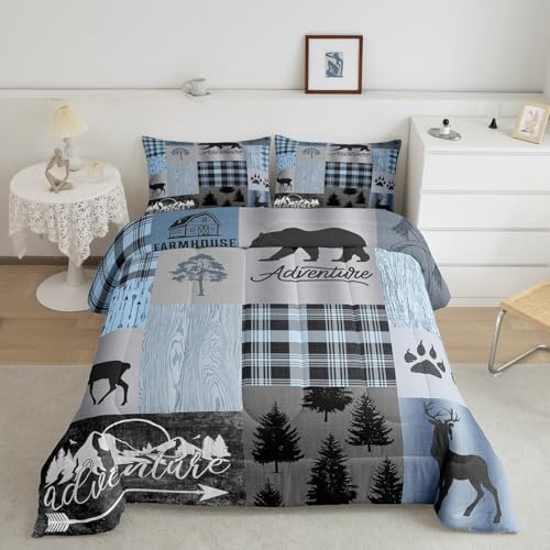 Rustikales Patchwork-Bettwäsche-Set, blau-grau kariert, kariert, für Kinder, Teenager, Erwachsene, wilde Tiere, Bär, Elch, Kiefern, Muster, Druck, Bettwäsche-Set, Vintage-Bauernhaus-Bettbezug,
