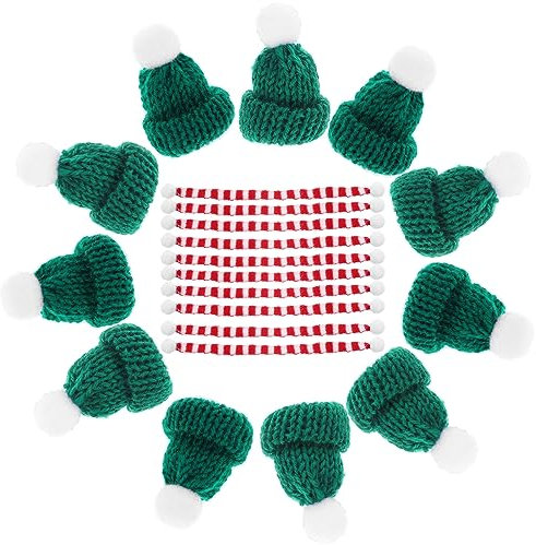 Wensmy 20pcs Mini Snowman Hats Scarf Wine Topper Covers Red Green Knitted Wool Ornament Mini Christmas Knit Hat and Scarf Set DIY Wine Bottle Caps Christmas Doll Crafts for Xmas Party (Green)