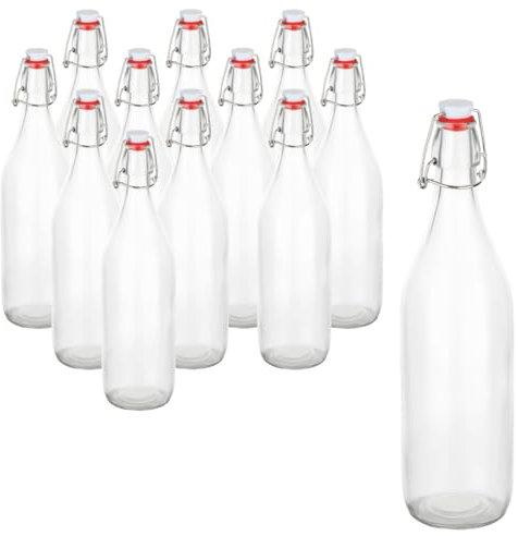 gouveo 12er Set Glasflaschen 1000 ml rund mit Bügelverschluss - Bügelflasche 1 Liter zum Befüllen - Bügelverschlussflasche für Wasser, Limonade, Saft und Spirituosen (BFR1000)