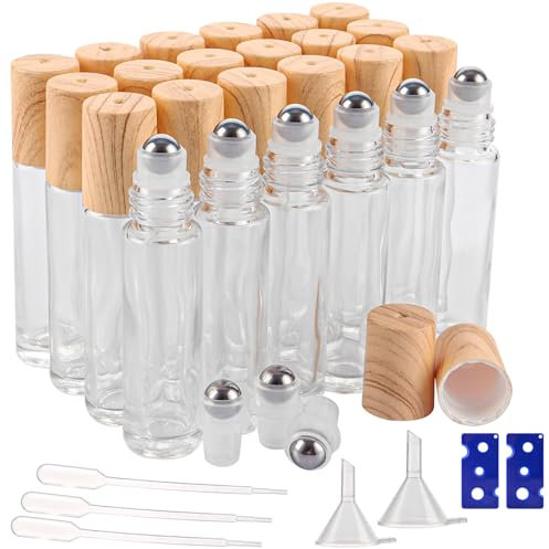 CYEER 24 Stück Roll On Flasche Leer 10ml, Ätherische Öle Roller Flaschen, Transparent Roll on Glasflaschen, Klein Roll on Flasche mit Rollenkugel für Ätherisches Öl, Spa, Massage, Aromatherapie