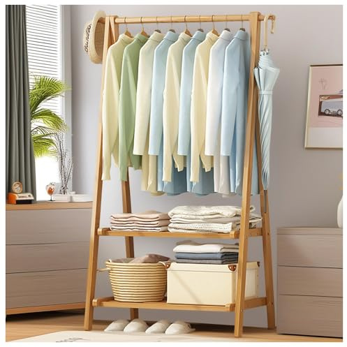 BEARQUN Garderobenständer aus Holz mit Kleiderstange, klappbarer Garderobenständer, bis 80 kg Belastbar, Kleiderständer mit Haken, für Schlafzimmer Eingangsbereich Flur : 66CM/86CM/116CM