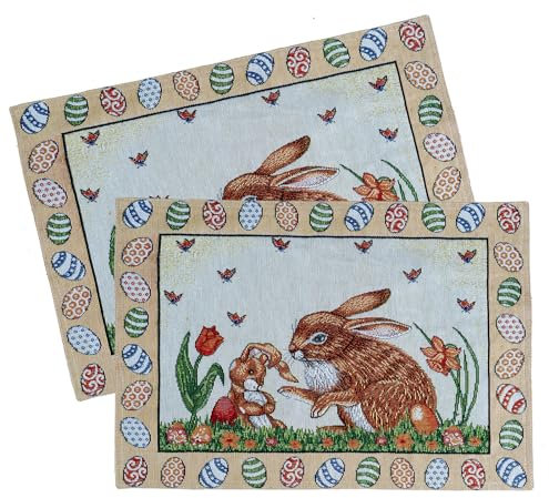 Gobelin Tischset 2er Pack Ostern Tischdeko mit Baumwolle Osterdeko Untersetzer Esstisch Deko Landhaus Typ884 Platzsets 33x46 cm Hasen Mama
