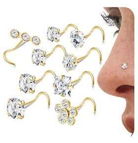 LOLIAS Lot 9 Bouchons Piercing Nez argentés 20G Forme L à vis pour Piercing Narine Bouchons Piercing Nez dorés Acier Chirurgical 316L CZ Ensemble Bijoux pour Hommes Femmes