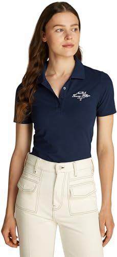 Tommy Hilfiger Damen Poloshirt Kurzarm Script Graphic Slim Fit, Blau (Dark Night Navy), L