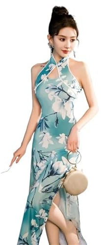 Sexy Licou Cheongsam Dame Fendue Qipao Style Chinois Robe Robe Satin Cheongsams Évider Robes Grande Taille (Long Cl)