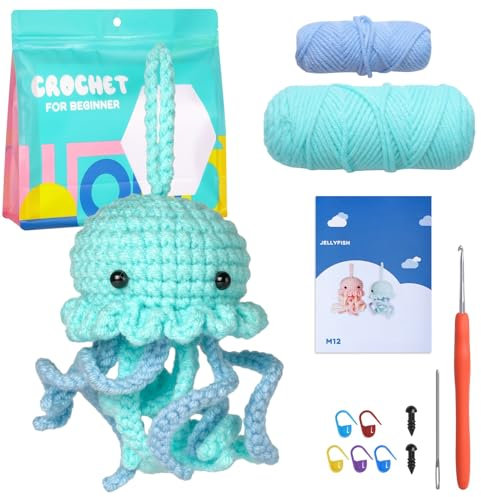 MJARTORIA Strickset Häkelset für Anfänger Tiere, Häckeln Stricken für Anfänger Set mit Anleitung Häkelnadeln Garn, Kreativ Strickset Bastelset Erwachsene Kinder Geschenk (Blaugrüne Qualle)