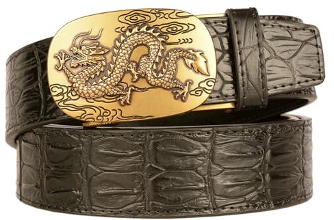 NALANY Herren Gürtel Mit Krokoprägung Riemen,Ratsche Automatikschließe Tier 3D-Druck Drache Gold,Ledergürtel Für Männer Verstellbar 35mm Breit(110cm/43, Black)