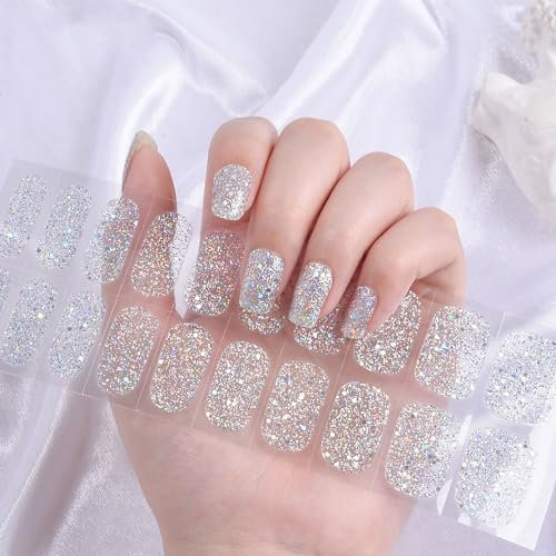 DMQ Semi Cured Gel Nails - 20 Glitter Nail Wraps, Soft Self-Adhesive Gel Nail Strips, Long-lasting Finish - UV/LED Lamp Required