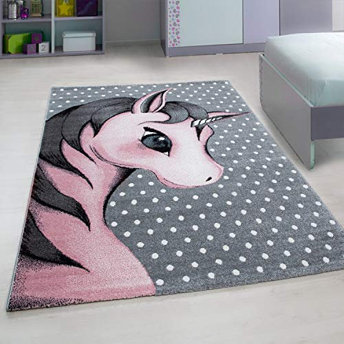 Muratap Kids Einhorn Kinderteppich - Kurzflor Weicher Teppich Zimmer Deko für Babyzimmer Kinderzimmer Schlafzimmer Tiere Figuren - Oeko-TEX - 200 x 140 cm - Farbe: Rosa - Rund - Farbe: Rosa