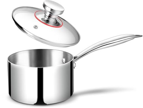 Joyfair 14cm Saucepan, 1 Litre Tri-Ply Stainless Steel Sauce Pan with Glass Lid, Small Milk Pan/Sauce Pot Cookware for Induction Gas Halogen Oven Electric Ceramic, Non Toxic & Easy to Clean, Silver