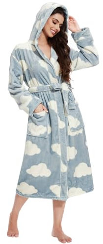 vislivin Bademantel Damen mit Kapuze Flauschig Bademantel Lang Warm Morgenmantel Fleece Robe Women Cloud L