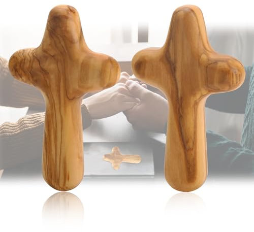 2 cruces de madera de olivo de 10 cm, diseño ergonómico de grano de madera natural para confirmación de comodidad, cruz cristiana católica, regalos para meditación de oración y apoyo para enfermedades