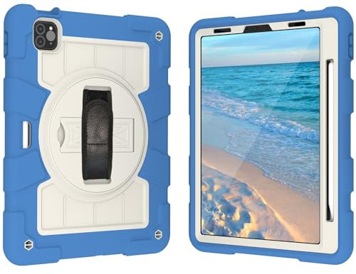 Étui pour tablette PC Compatible avec iPad 2018 11/2020 11, coque de protection intégrale résistante aux chocs, coque incassable avec support rotatif à 360° + dragonne + bandoulière. Protection(Blu)