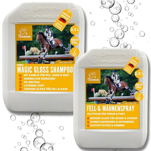 EMMA Mähnenspray & Pferdeshampoo Kamille – Pferdepflege-Set 2×2,5L – Schweifspray & Fellpflege – Pferdeshampoo Mane n Tail – Hundeshampoo sensitiv gegen Geruch & Juckreiz – Kanister Pferde Zubehör