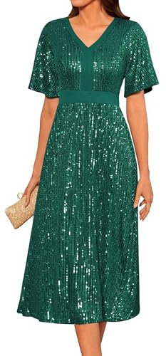 GRACE KARIN Women's Plus-Size Elegant Short Sleeve Evening Dress V-Neck Swing Cocktail Dress A-Line Mid-Calf Length Dark Green