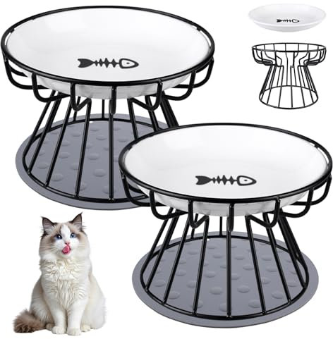 Lot de 2 gamelles surélevées pour chat en céramique, gamelles surélevées pour chat, avec support en métal et tapis antidérapant, gamelles pour chat en céramique, pour chatons et chiots