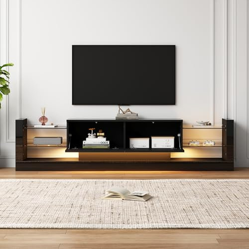 Jaxenor 180cm Hochglanz TV Lowboard mit 16 Farbige Led, Moderner Fernsehschrank für 80 Zoll TV, TV Schrank Hochglanz Schwarz