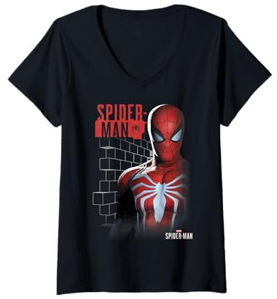 Damen Marvel Spider-Man Game Brick Portrait T-Shirt mit V-Ausschnitt