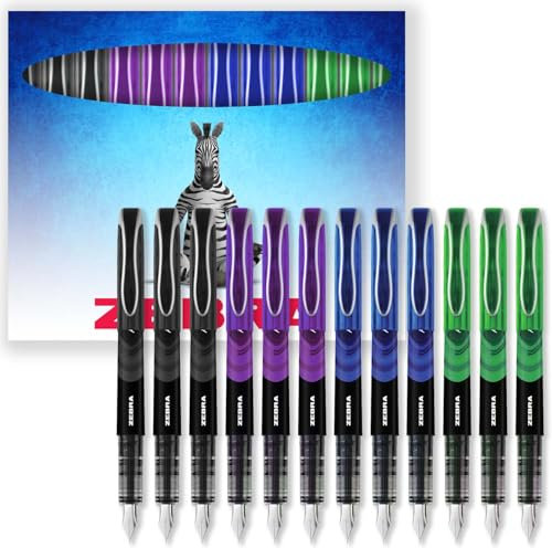 Zebra Fuente Pen - Disposable Fountain Pens - Pack of 12 - Black, Violet, Blue, & Green Ink - In Zebra Cardboard Gift Box