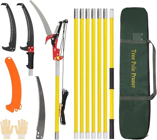 Pureluxe Coupe Branche Telescopique 8m: Scie Telescopique Elaguer 2 en 1,7 Manche Télescopique | 2 Lames de Scie | Sac de Transport, Scie d'élagage Pour Élagage Palmiers Arbustes (jaune)