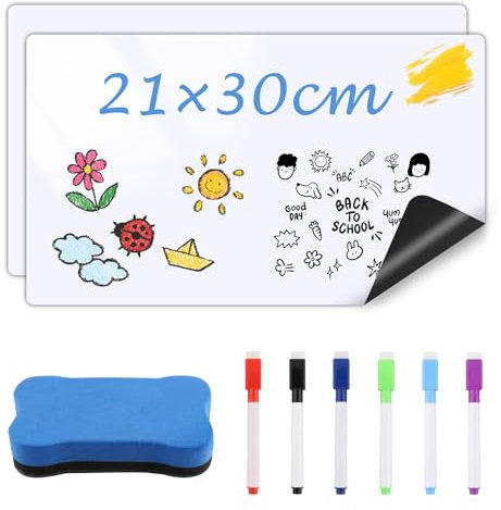 Zosenyer 2x Whiteboard Magnetic A4 - Für PET-Oberflächen Und DIY-Schneiden Geeignet - 6 Stifte - Ein Magnetsauge Whiteboard Reiben - Gummimagnet (Für Kühlschrank, Büro, Kinderzimmer) ﻿