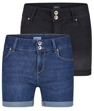 ONLY Jeans Shorts Damen Stretch Kurz Skinny Fit Mid Waist ONLCARMEN | 2er Pack Kurze Hose Sommer Basic Denim Blau Schwarz S M L XL XXL