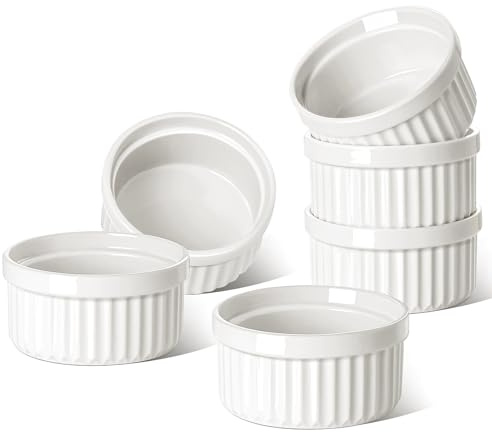 LE TAUCI Ramekins 6 OZ, Ceramic Souffle Dishes, Oven Safe Custard Cups for Baking, Creme Brulee, Pudding, Dessert, Microwave & Dishwasher Safe, Set of 6, White
