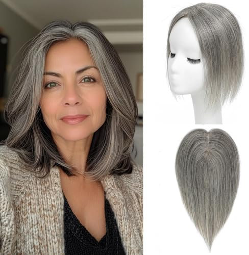 Toupets für Frauen, 100% handgeknüpfte Toupets Haar Toppers für Frauen Echthaar Topper Leichtes handgeknüpfte Toupets Clip in Haarteil für Dünner Haar Oberkopf Flauschiger Glatter Hair Topper(Grey)