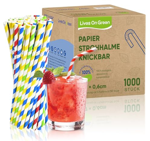 Lives on Green Bunte Streifen Flexible Einweg Papierstrohhalme, 19,7 x 0,6 cm - Umweltfreundliche wegwerfbare Trinkhalme für Bars und Restaurants, 1,000 Stück