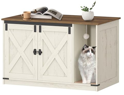 Hzuaneri Katzenschrank, Katzentoilette, Katzenklo Schrank, Versteckte Katzentoilette Kabinett Möbel mit Katzenglocke, 100 x 55 x 63 cm, für Flur, Schlafzimmer, Vintagebraun-Weiß CB85214X