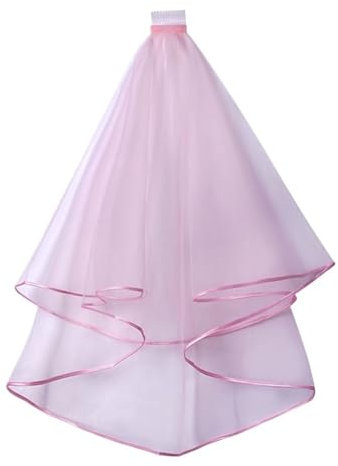 GOXQIT Brautschleier Doppelschichtiger Hochzeitsschleier aus Mesh-Tüll for Damen, kurz, mit Kamm, Bandkante, Mittelkaskade for Braut, Party, Kopfbedeckung(Pink)