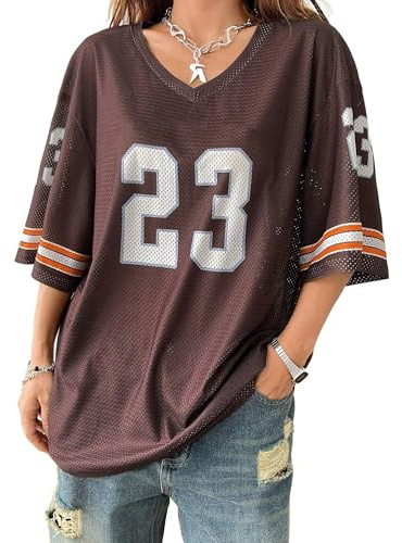 Cusghjbsg Women Basketball T-Shirt Summer Short Sleeve V Neck Number Print Loose Tops Oversized Jersey Baggy Pullover Shirt Streetwear (Chocolate M, XL)