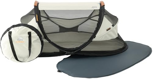 DERYAN Baby Travel Cot with Mattress from Birth to 2.5 Years - Pop Up Bed Tent Set Up in 2 Seconds - Includes Mosquito Net and Travel Bag, Fast & Compact Folding, Lightweight (Ivory)