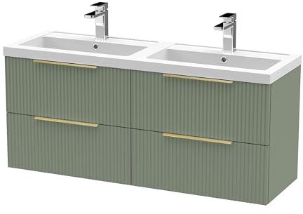 Balterley Vanity Unit with Basin Wall Hung, 4 Drawer Soft Close with 2 Rectangular Sink and Handles, Bathroom Vanity Units with Basin, Fluted Front Sink Cabinet - 1205 x 383 x 540mm (Green)