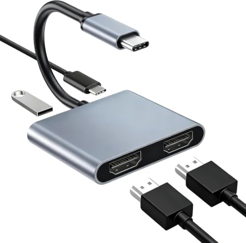 USB C to Dual Adapter 4K@30Hz USB 3.0 Port Splitter for Dual Monitors | PD Port HD-MI Splitter Extended Display for iPhone 17/16/15, Laptop Monitor Desktop TV Compatible with Mac OS, Windows