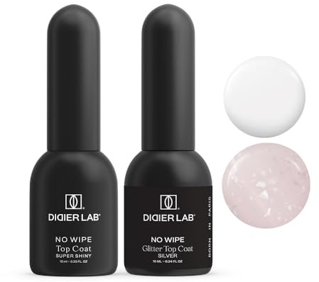 DIDIER LAB Gel Top Coat Set - Super Shiny & Glitter Silver - Langanhaltende No Wipe Formel - Glänzendes und Funkelndes Silver Finish - Kratzfester Top Coat für Perfekte Langanhaltende Maniküre -2x10ml