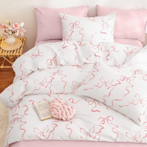 Freyamy Housse de Couette 140x200 Noeud Papillon Blanc Rose avec 1 Taies d'oreiller 65x65cm Parure de lit en 100% Microfibre Ado Sets de Housse Couette Adulte Filles avec Fermeture Éclair