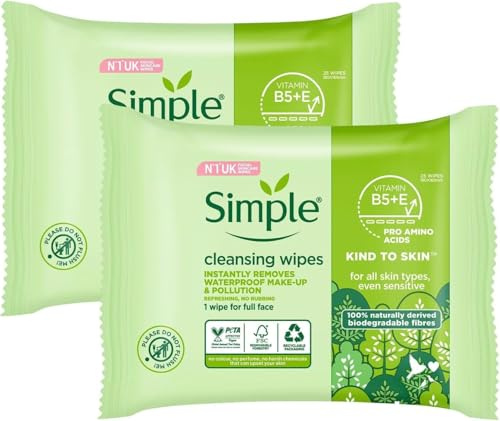 Simple Kind to Skin Cleansing Wipes, Biodegradable, Pack of 2 (25 Wipes Each) – Gentle Face Cleansing Wipes for Sensitive Skin, Removes Makeup, Dirt & Impurities