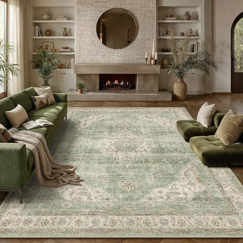 PureCozy Vintage Teppich Wohnzimmer 200x300cm Grün Waschbar Rug | Groß Teppiche,Waschbarer,Rutschfest,Weich Kurzflor,für Wohnzimmer,Schlafzimmer,Esszimmer,Büro